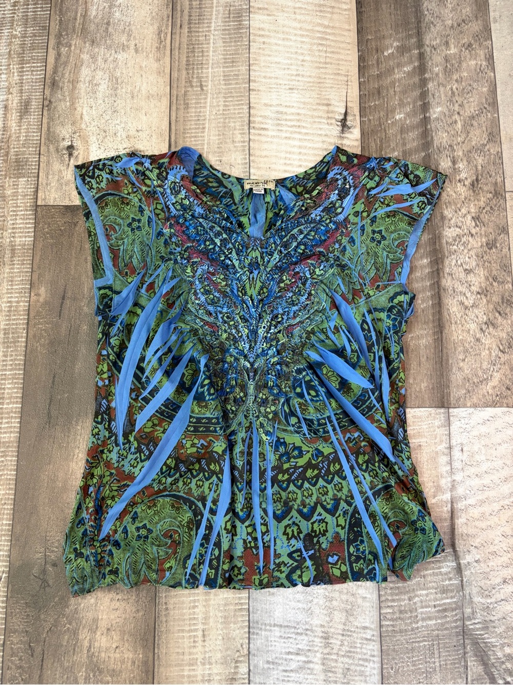 ONE WORLD Blue & Green Paisley Cap Sleeve Blouse